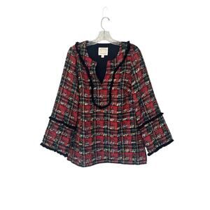 Sail to Sable Red Dressy Tartan Heritage Plaid Fringe V-Neck‎ Blouse Size Small